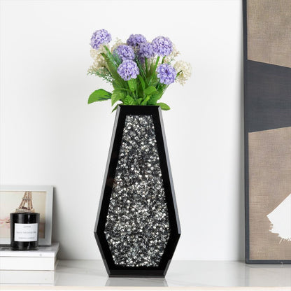 14" Black And Silver Glass Table Vase With Faux Crystals