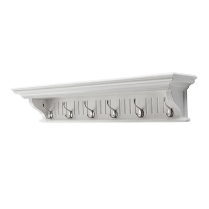 39" White Solid Wood Six Hook Wall Mount Coat Rack