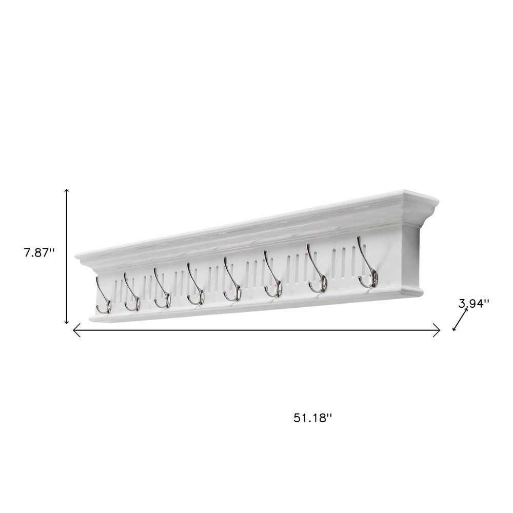 51" White Solid Wood Eight Hook Wall Mount Coat Rack