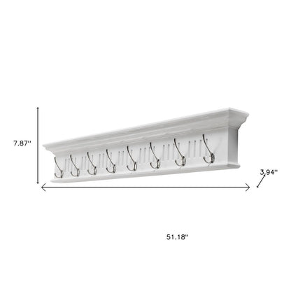 51" White Solid Wood Eight Hook Wall Mount Coat Rack
