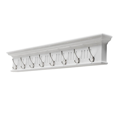 51" White Solid Wood Eight Hook Wall Mount Coat Rack