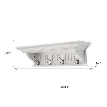 28" White Solid Wood Four Hook Wall Mount Coat Rack