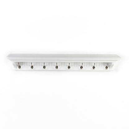 51" White Solid Wood Eight Hook Wall Mount Coat Rack