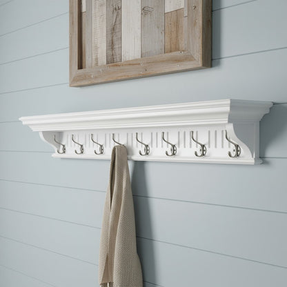 51" White Solid Wood Eight Hook Wall Mount Coat Rack