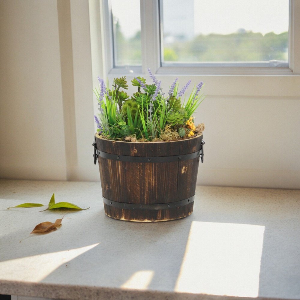 Brown Wood And Metal 400 Ounce Round Distressed Planter Box