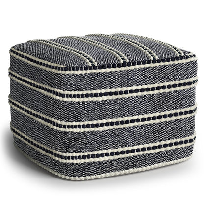 18" Navy Blue And White Polyester Outdoor Pouf Ottoman