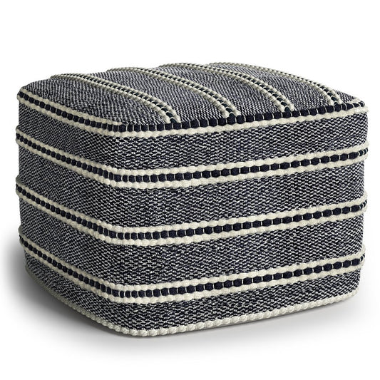 18" Navy Blue And White Polyester Outdoor Pouf Ottoman