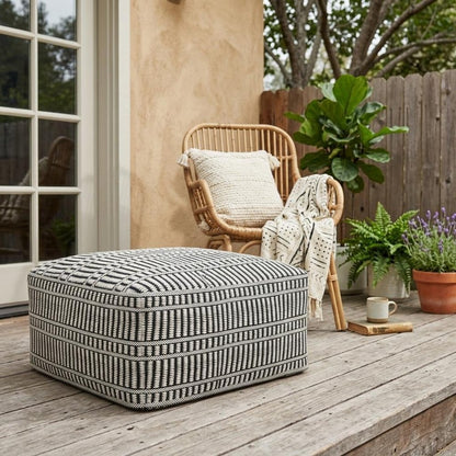 20" Black And White Polyester Geometric Outdoor Pouf Ottoman