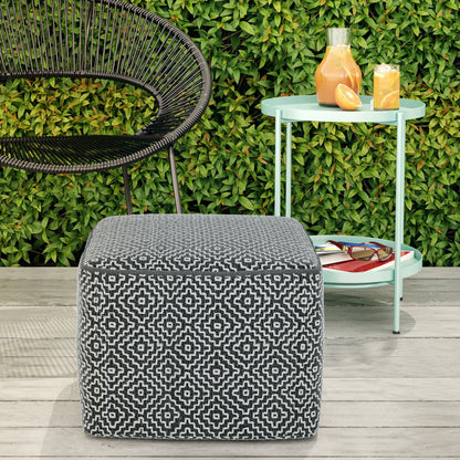 18" Gray And White Polyester Geometric Outdoor Pouf Ottoman