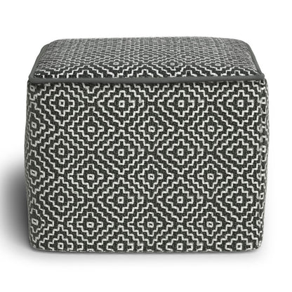18" Gray And White Polyester Geometric Outdoor Pouf Ottoman