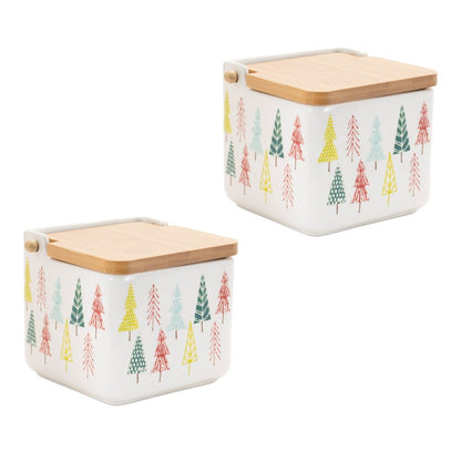 Set of Two White Green And Red Ceramic And Wood Christmas Lidded Canisters
