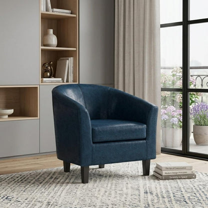 30" Blue and Dark Brown Leather Arm Chair