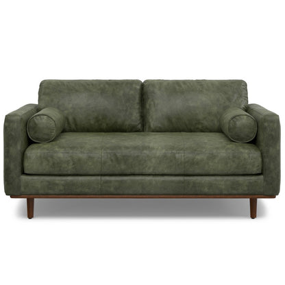 72" Moss Green Leather Sofa With Brown Legs