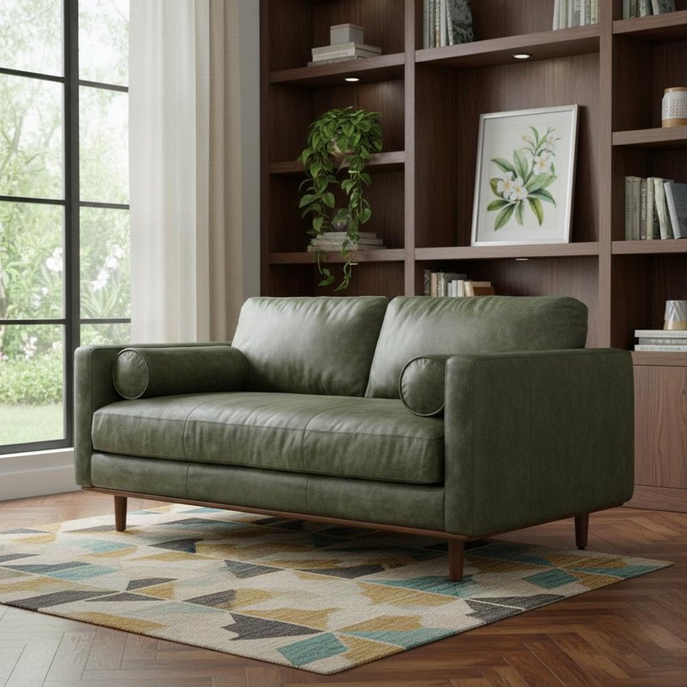 72" Moss Green Leather Sofa With Brown Legs