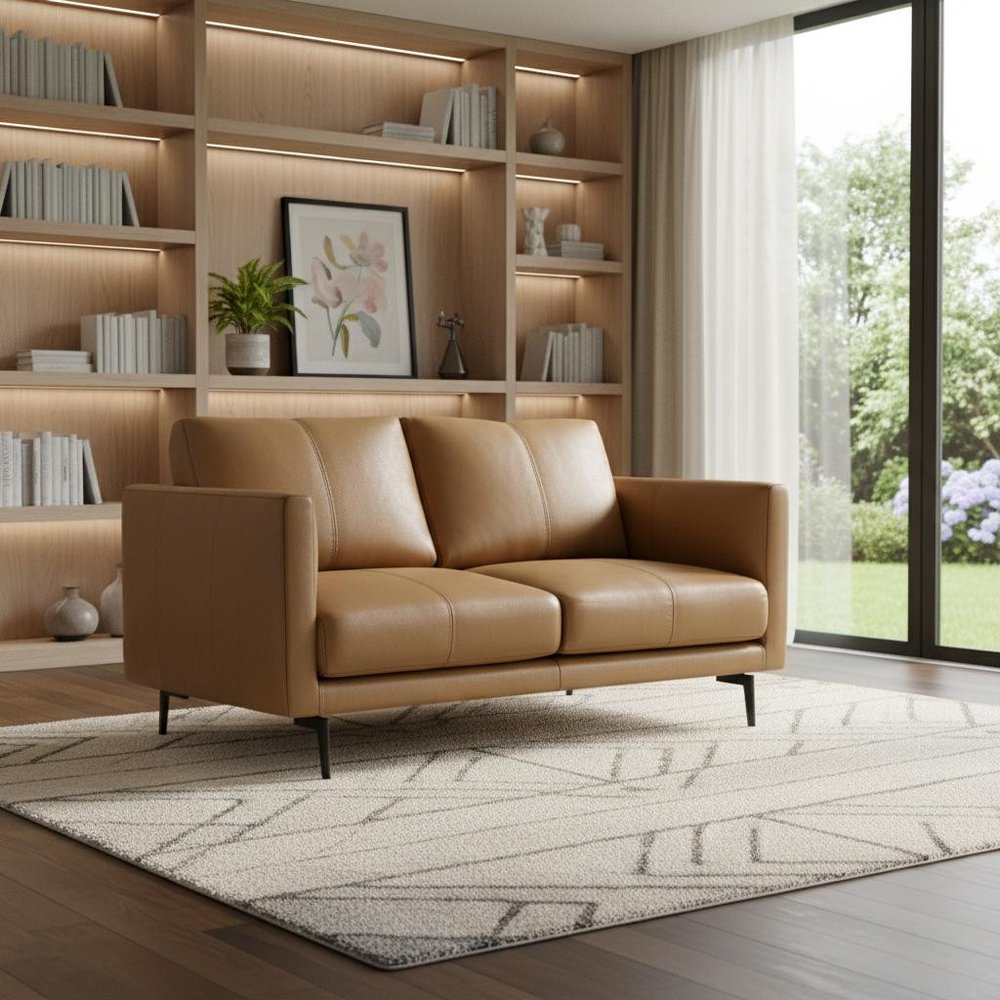 60" Brown Leather Sofa With Black Legs