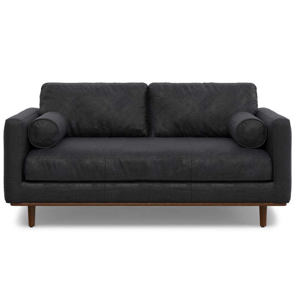 72" Black Leather Sofa With Brown Legs