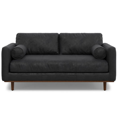 72" Black Leather Sofa With Brown Legs