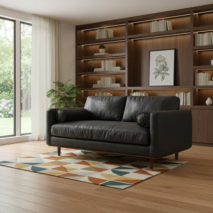 72" Black Leather Sofa With Brown Legs