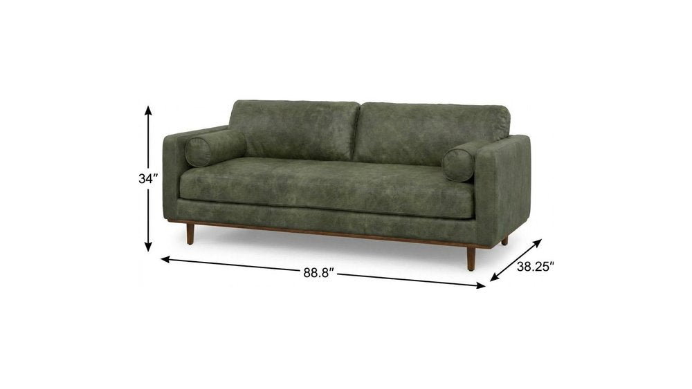 89" Moss Green Leather Sofa With Brown Legs
