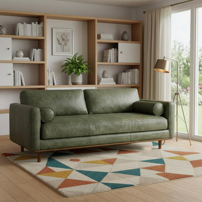89" Moss Green Leather Sofa With Brown Legs