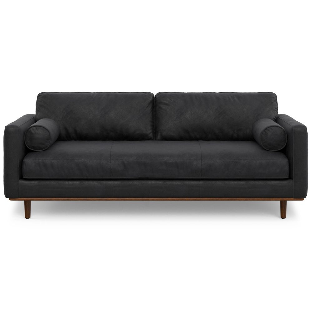 89" Black Leather Sofa With Brown Legs