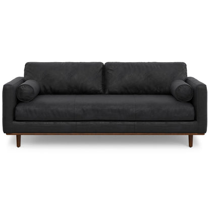89" Black Leather Sofa With Brown Legs