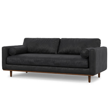 89" Black Leather Sofa With Brown Legs