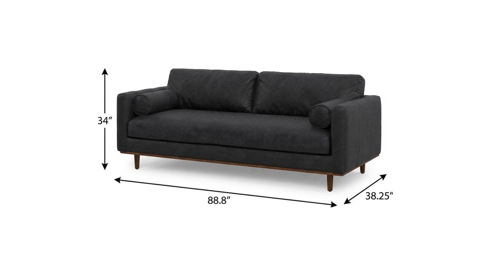 89" Black Leather Sofa With Brown Legs