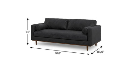 89" Black Leather Sofa With Brown Legs
