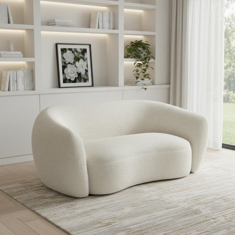 69" Cream and Walnut Boucle Curved Loveseat