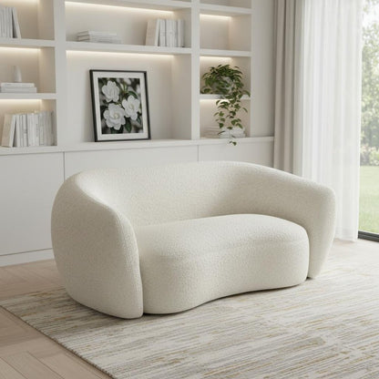 69" Cream and Walnut Boucle Curved Loveseat