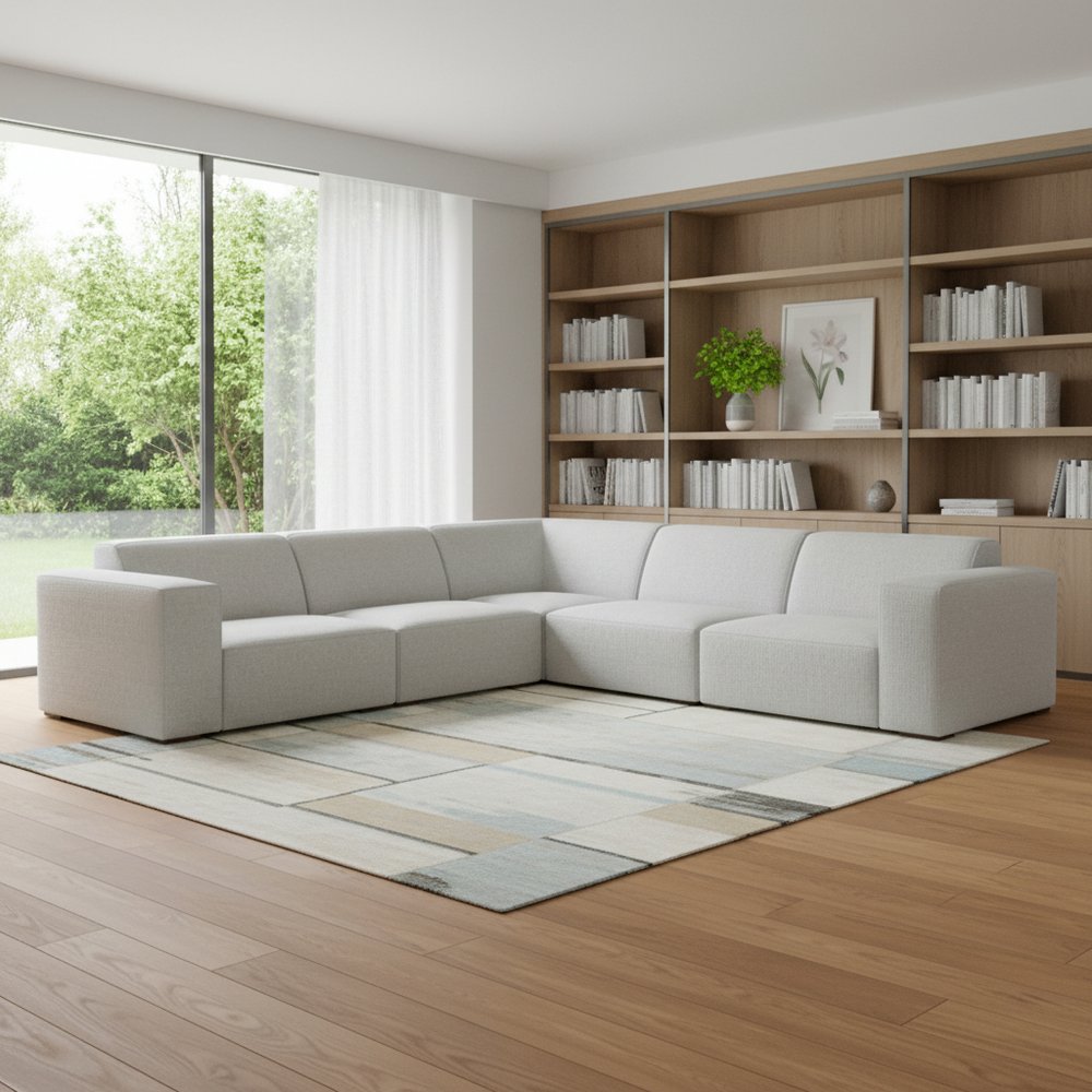 116" Gray Fabric Modular Sofa With Brown Legs