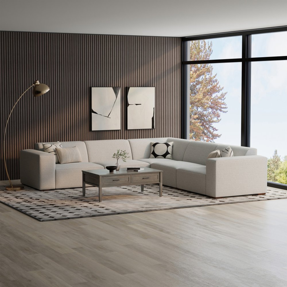 116" Gray Fabric Modular Sofa With Brown Legs