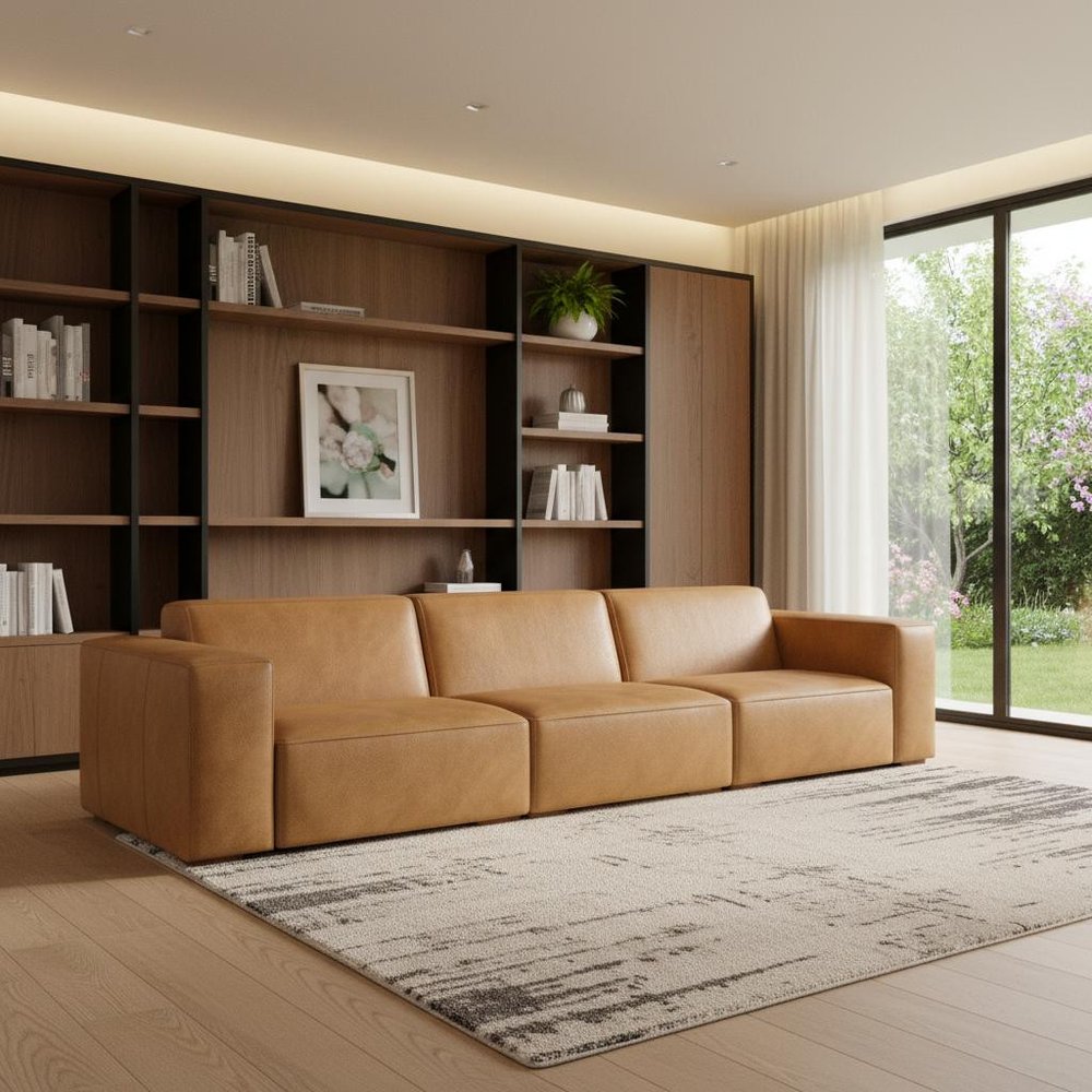 122" Sienna Leather Modular Sofa With Brown Legs