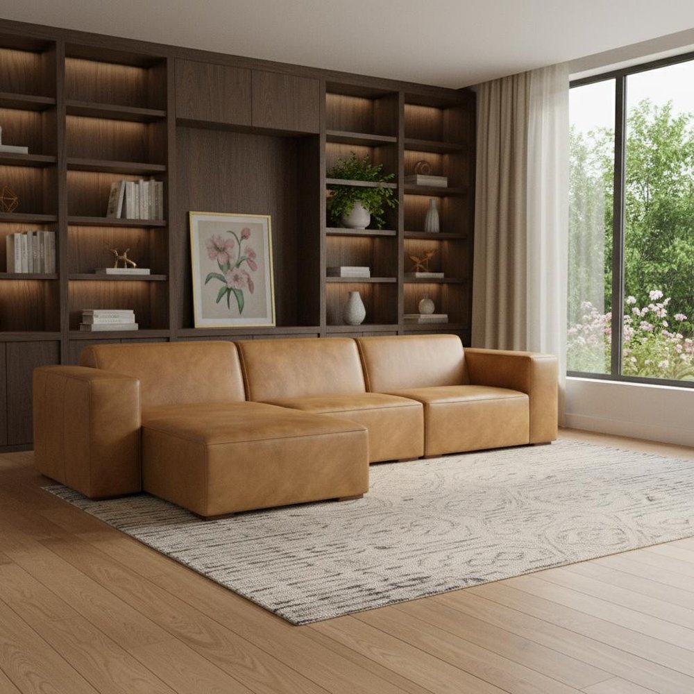 122" Sienna Leather Modular Sofa With Brown Legs