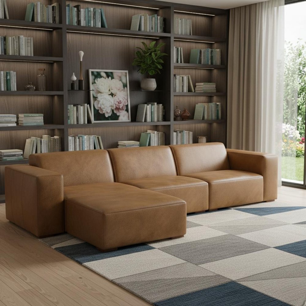 122" Brown Leather Modular Sofa