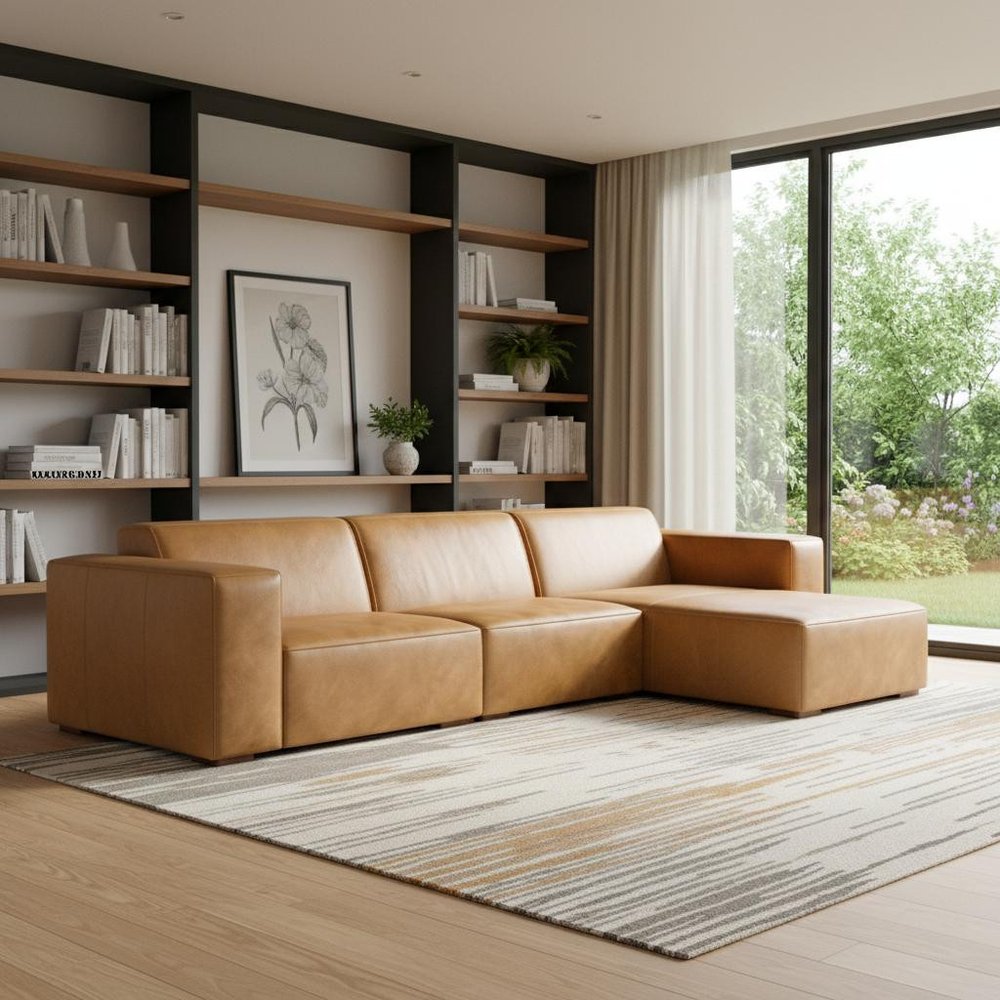 122" Sienna Leather Modular Sofa With Brown Legs