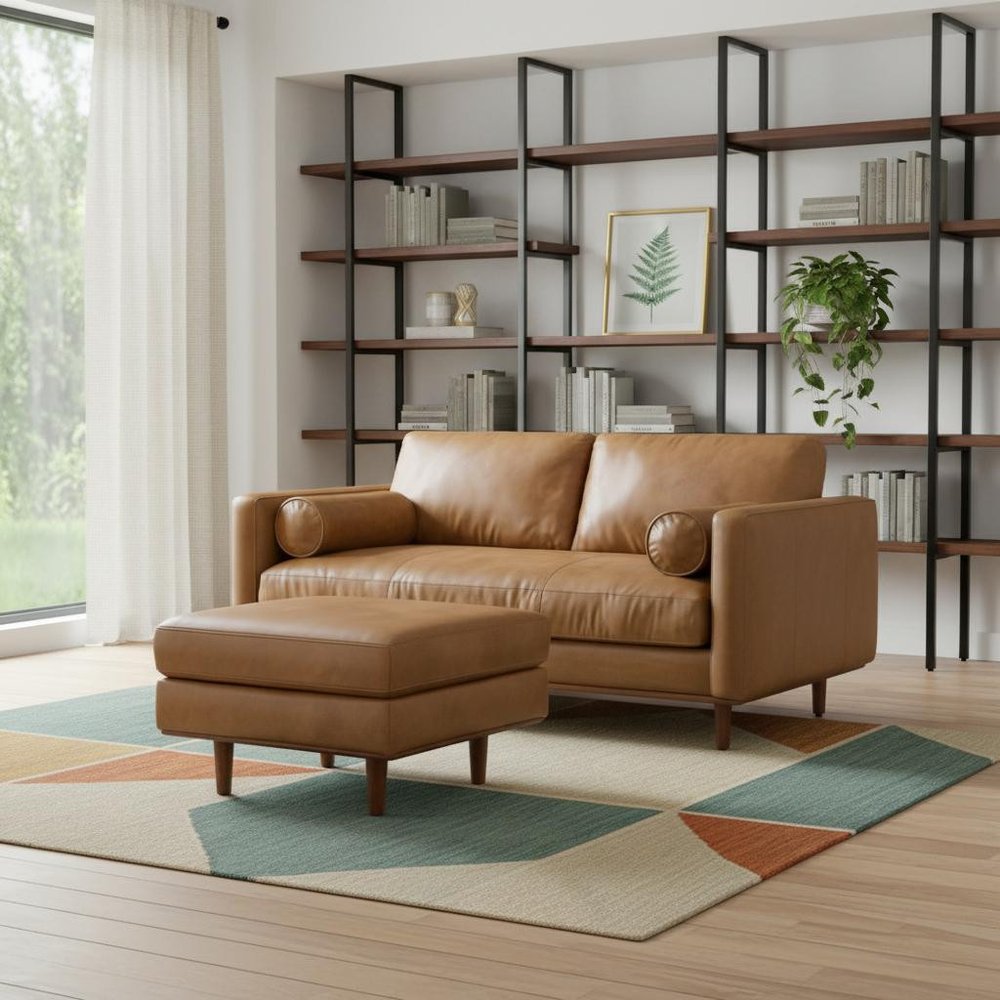 72" Brown Leather Sofa With Ottoman