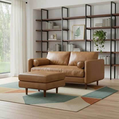 72" Brown Leather Sofa With Ottoman