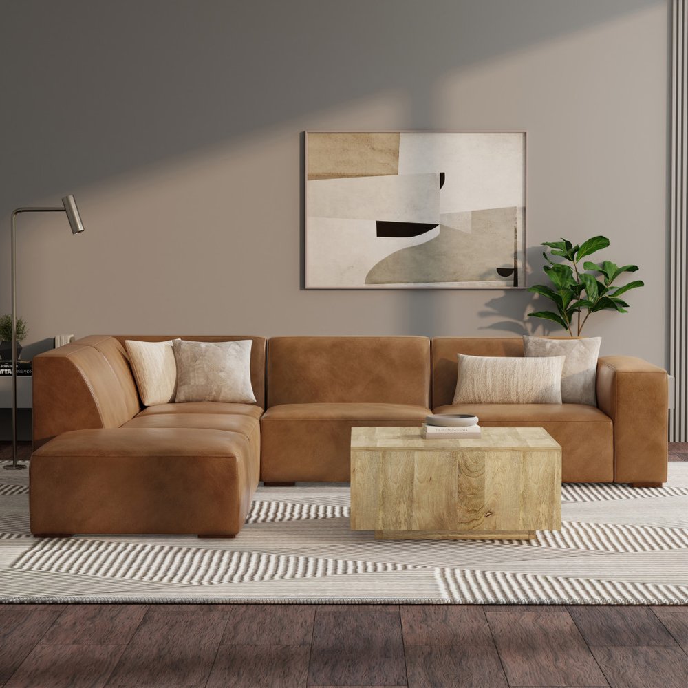 116" Brown Leather Sofa With Ottoman