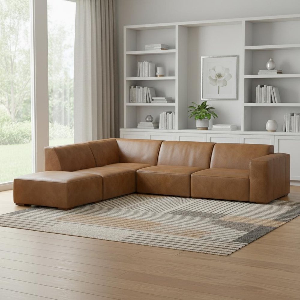 116" Brown Leather Sofa With Ottoman