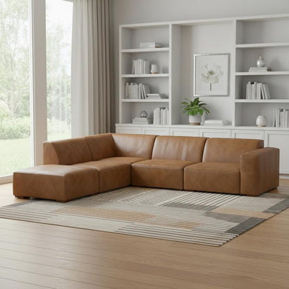 116" Brown Leather Sofa With Ottoman