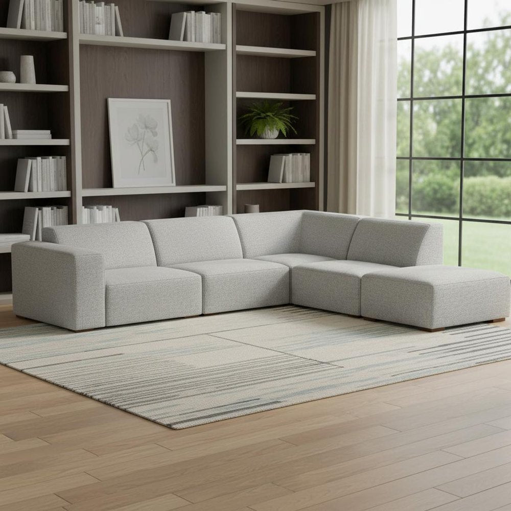 116" Gray Fabric Sofa With Ottoman With Brown Legs