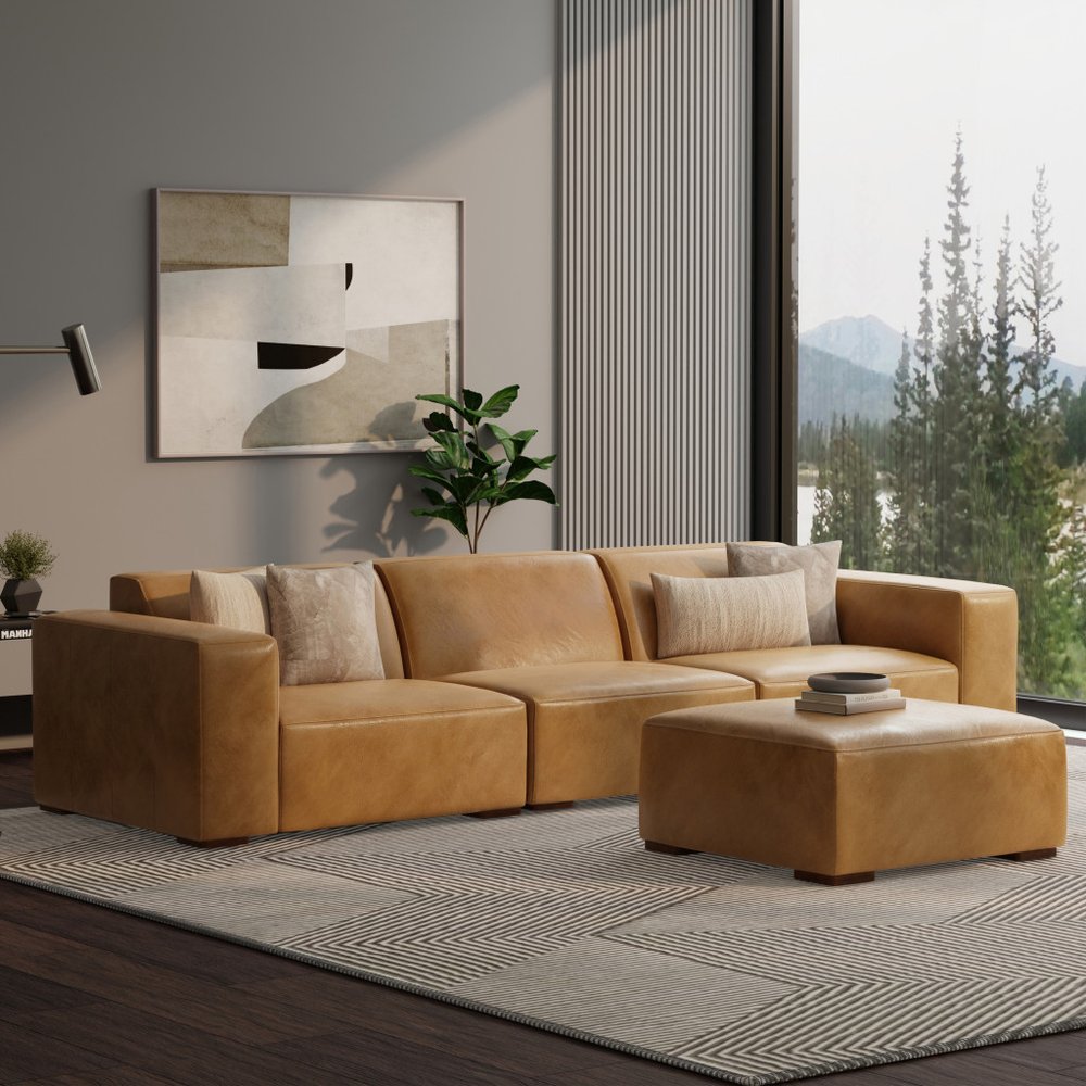 122" Sienna Leather Sofa With Ottoman With Brown Legs