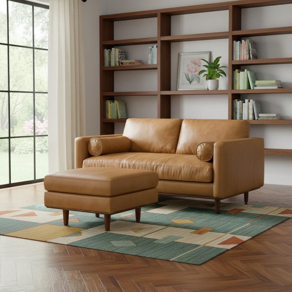 72" Sienna Leather Sofa With Ottoman With Brown Legs