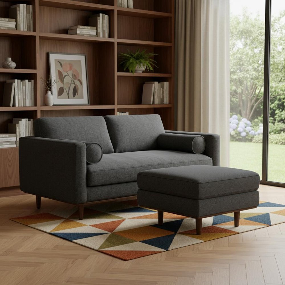 72" Gray Fabric Sofa With Ottoman With Brown Legs