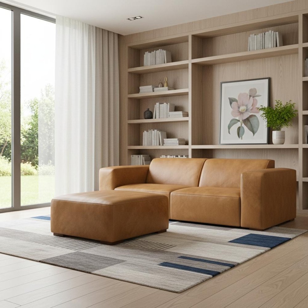 88" Sienna Leather Sofa With Ottoman With Brown Legs