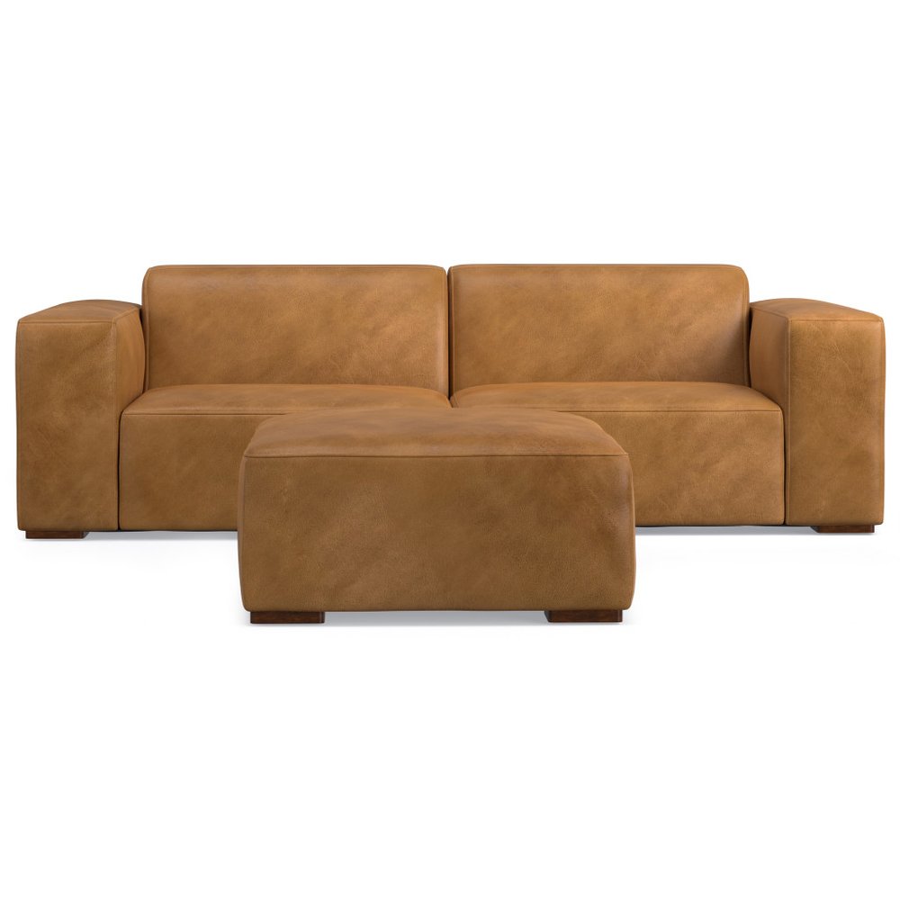 88" Sienna Leather Sofa With Ottoman With Brown Legs
