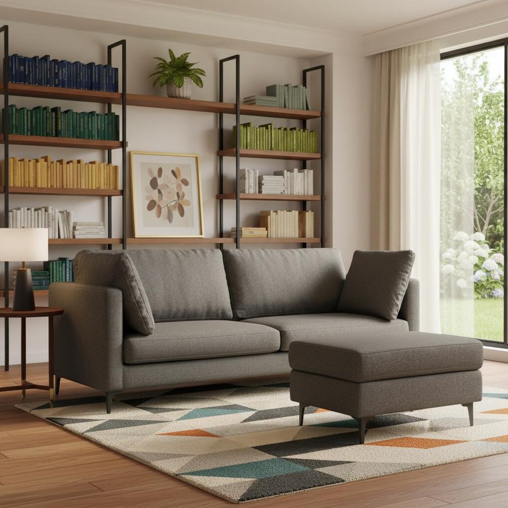 90" Gray Fabric Sofa With Ottoman With Black Legs