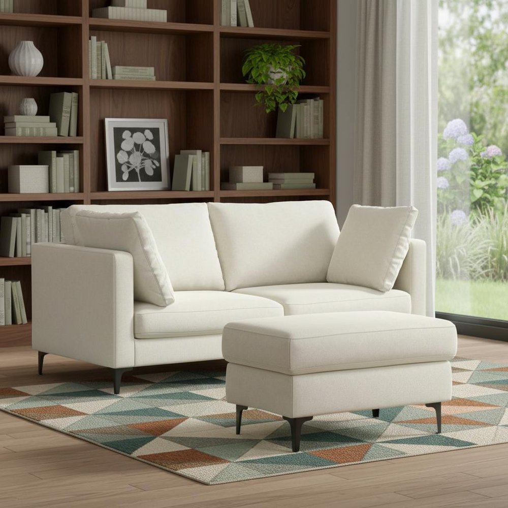 76" Cream Fabric Sofa With Ottoman With Black Legs